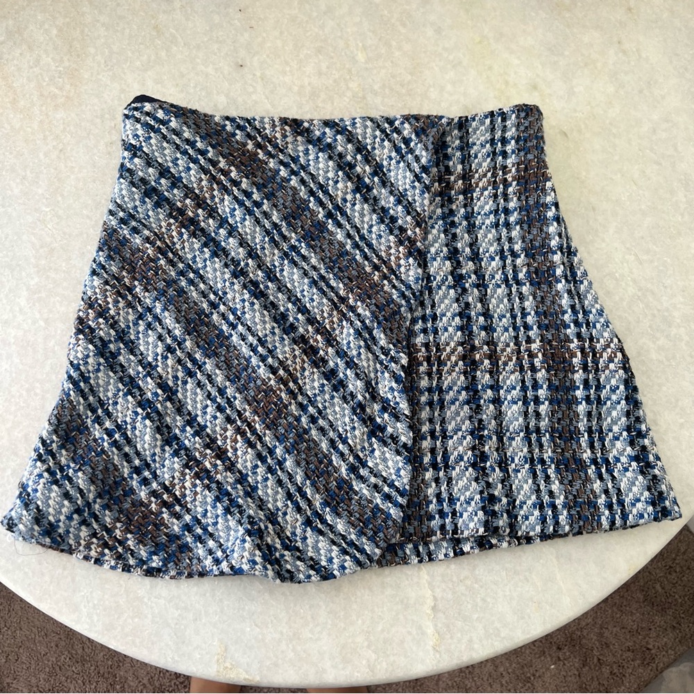 ZARA Blue White Tweed Wrap Textured Denim High Waisted Skirt Size M